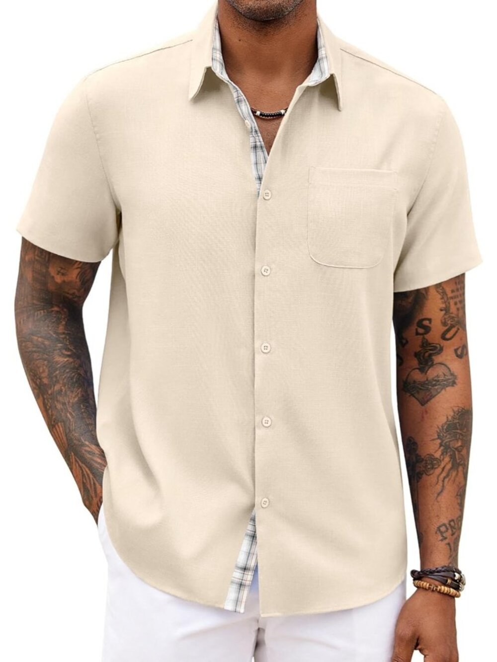 Men's Beige Short Sleeve Casual Summer Breathable Button Down Shirts